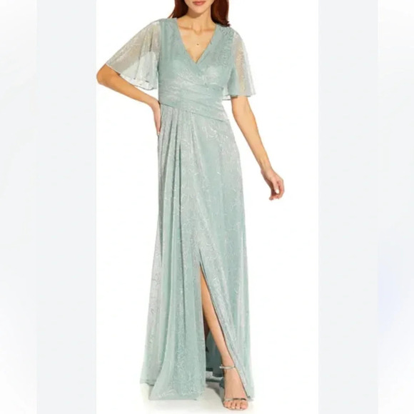 Adrianna Pappell Metallic A Line Draped Formal Dress Maxi Black Tie Size 10 - Picture 2 of 11